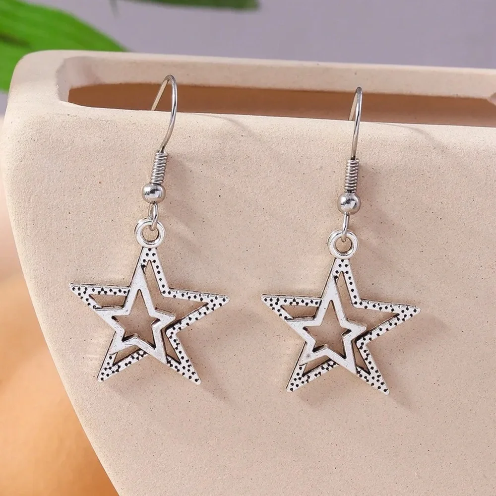 Silver Double Star Silhouette Drop Earrings - Picture 2 of 4